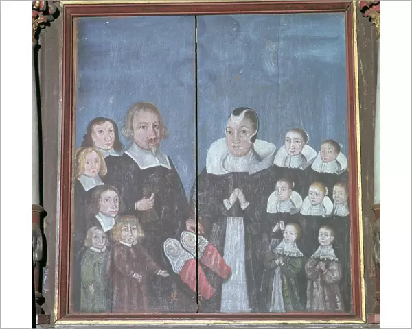 Norwegian painting showing a family with fourteen children, 17th century
