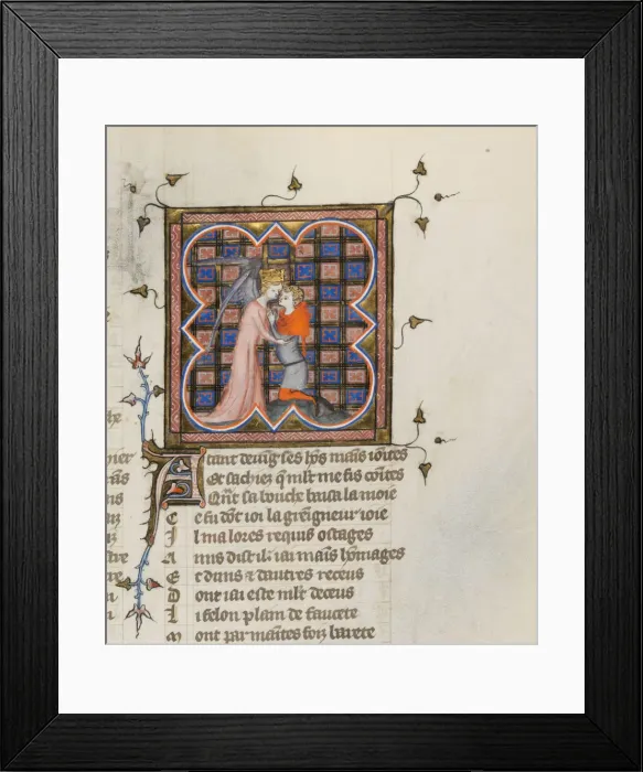 Framed Print : Miniature from a manuscript of the Roman de la Rose by Guillaume de Lorris and Jean de Meun, 1353. Artist: Master of the Rose novels (active Second Half of 14th cen. ) Framed Print : Miniature from a manuscript of the Roman de la Rose by Guillaume de Lorris and Jean de Meun, 1353. Artist: Master of the Rose novels (active Second Half of 14th cen. )
