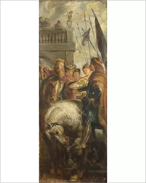 Kings Clothar and Dagobert dispute with a Herald from the Emperor Mauritius. Sketch for High Altarpiece, St Bavo, Ghent, 1611. Artist: Rubens, Pieter Paul (1577-1640)