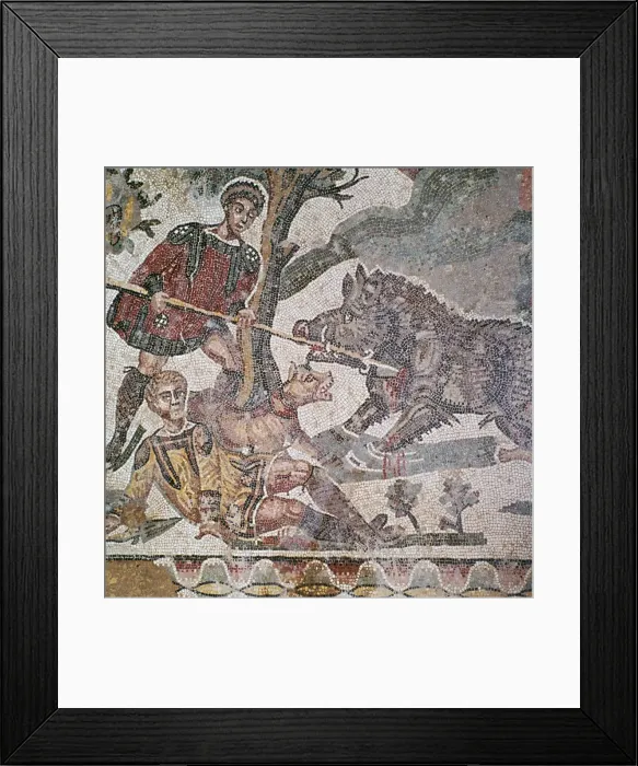 Framed Print : Detail of a Roman floor mosaic showing a boar hunt, 3rd century Framed Print : Detail of a Roman floor mosaic showing a boar hunt, 3rd century