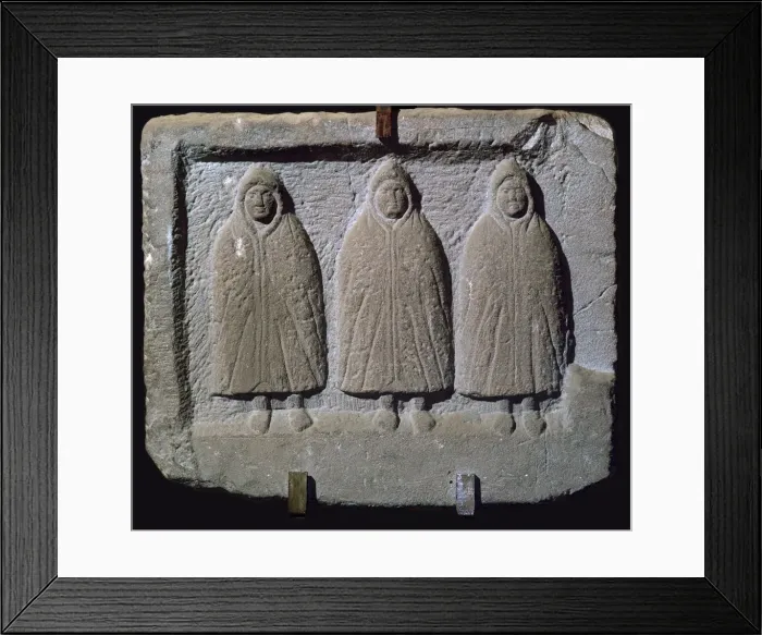 Framed Print : Stone relief of a trio of hooded Romano-British deities, 3rd century Framed Print : Stone relief of a trio of hooded Romano-British deities, 3rd century