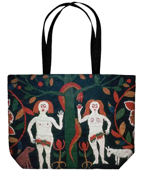 Swedish embroidery of Adam, Eve, and the serpent, 19th century