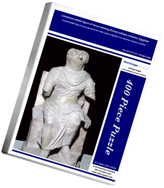Limestone seated figure of Horus wearing Roman military costume, Egyptian