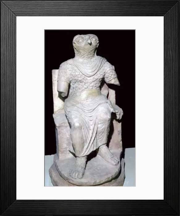 Framed Print : Limestone seated figure of Horus wearing Roman military costume, Egyptian Framed Print : Limestone seated figure of Horus wearing Roman military costume, Egyptian