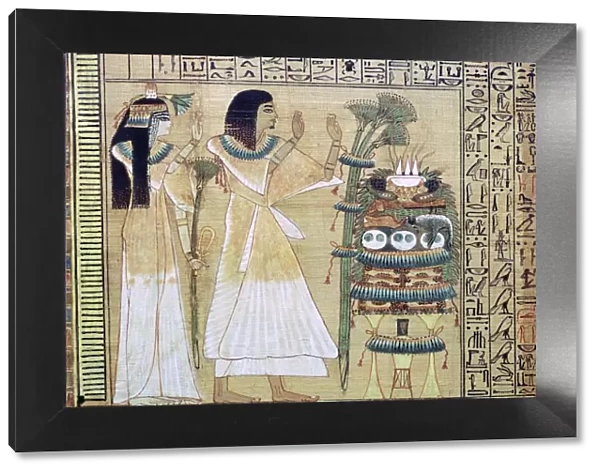 A man and his wife making offerings to Osiris, from the Egyptian Book of the Dead