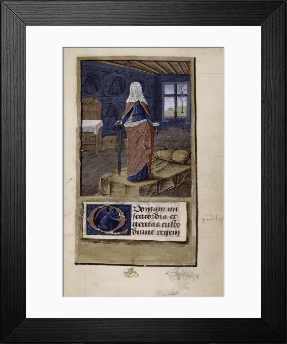 Framed Print : Allegory of Justice (from John of Wales Breviloquium de virtutibus antiquorum principum et philosophorum), 1475-1499. Artist: Colombe, Jean (c. 1430-c. 1493) Framed Print : Allegory of Justice (from John of Wales Breviloquium de virtutibus antiquorum principum et philosophorum), 1475-1499. Artist: Colombe, Jean (c. 1430-c. 1493)