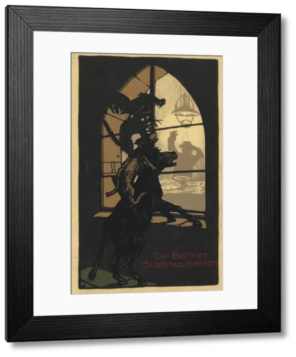 Framed Print : Title design of the book Town Musicians of Bremen by the Brothers Grimm, 1910s. Artist: Anonymous Framed Print : Title design of the book Town Musicians of Bremen by the Brothers Grimm, 1910s. Artist: Anonymous