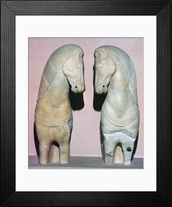 Framed Print : Detail of two stone horses from the Acropolis, 5th century BC Framed Print : Detail of two stone horses from the Acropolis, 5th century BC