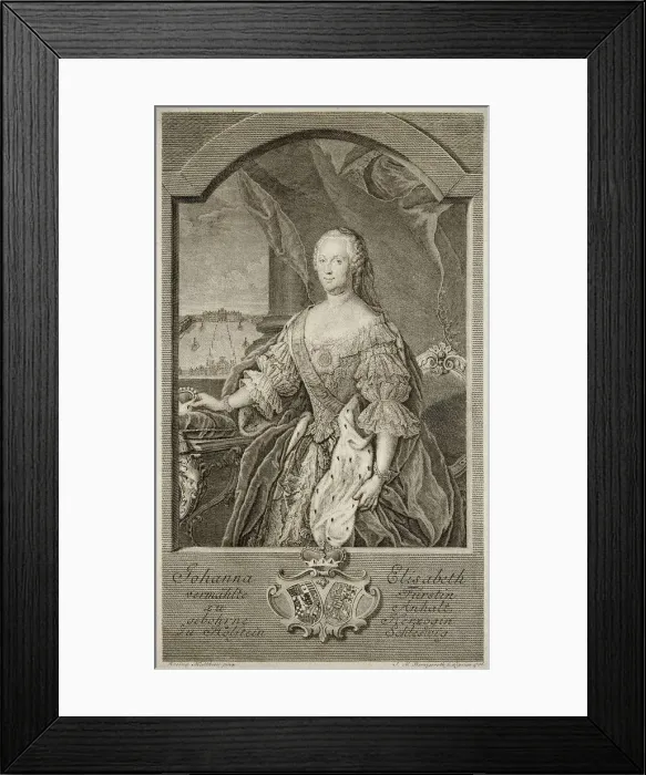 Framed Print : Portrait of Johanna-Elizabeth, Electress of Anhalt-Zerbst (1712-1760), Mother of Catherine II, 1756. Artist: Bernigeroth, Johann Martin (1713-1767) Framed Print : Portrait of Johanna-Elizabeth, Electress of Anhalt-Zerbst (1712-1760), Mother of Catherine II, 1756. Artist: Bernigeroth, Johann Martin (1713-1767)