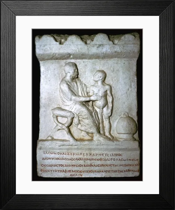 Framed Print : Roman relief of a doctor inspecting a youth Framed Print : Roman relief of a doctor inspecting a youth