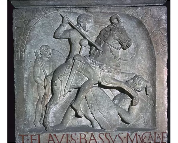 Roman relief of a Roman cavalry officer riding down a barbarian, 5th century