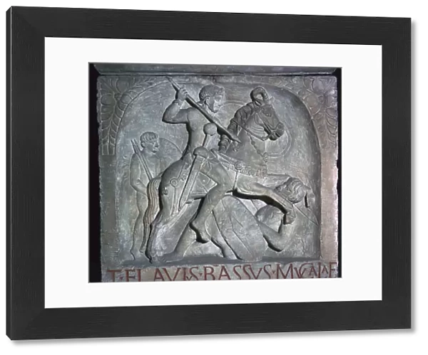 Roman relief of a Roman cavalry officer riding down a barbarian, 5th century