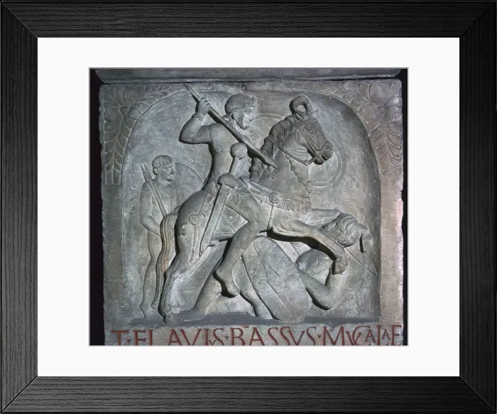 Framed Print : Roman relief of a Roman cavalry officer riding down a barbarian, 5th century Framed Print : Roman relief of a Roman cavalry officer riding down a barbarian, 5th century