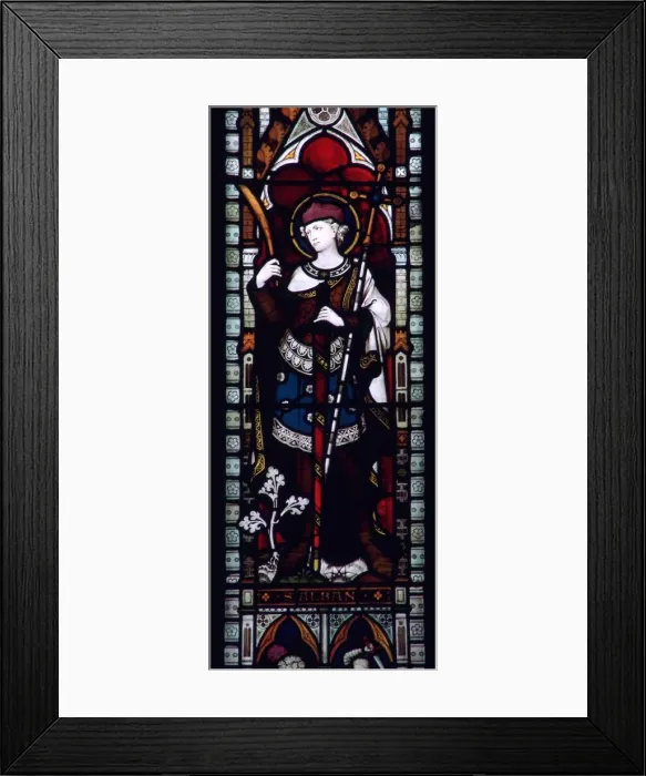 Framed Print : Stained glass window of St Alban in Hereford Cathedral, 3rd century Framed Print : Stained glass window of St Alban in Hereford Cathedral, 3rd century