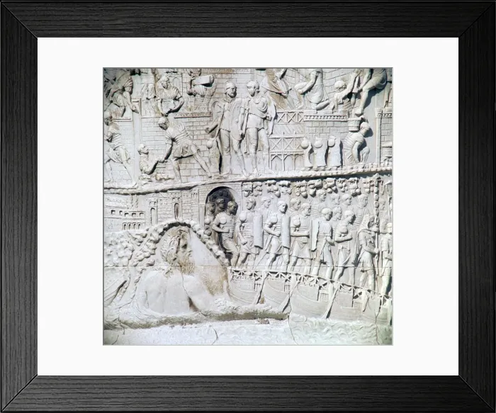 Framed Print : Scene from Trajans column, River Tiber personified and pontoon bridge, 2nd century Framed Print : Scene from Trajans column, River Tiber personified and pontoon bridge, 2nd century