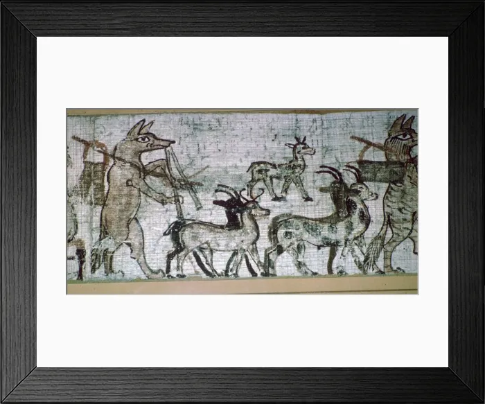 Framed Print : Detail from the Egyptian satirical papyrus of a fox playing the pipes and leading goats Framed Print : Detail from the Egyptian satirical papyrus of a fox playing the pipes and leading goats