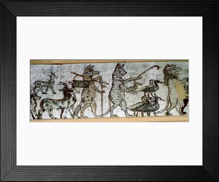 Framed Print : Detail from the Egyptian satirical papyrus of a fox playing the pipes and leading goats, and a cat Framed Print : Detail from the Egyptian satirical papyrus of a fox playing the pipes and leading goats, and a cat