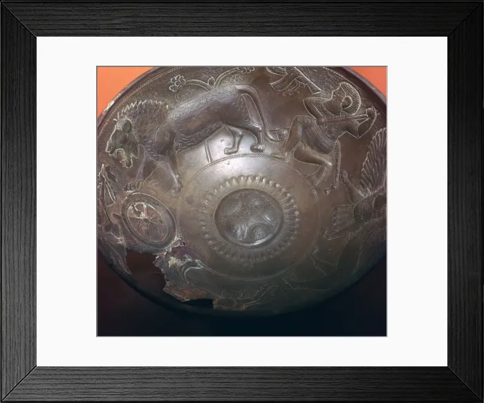 Framed Print : Detail of a lion-hunt on the inside of a bronze bowl, 8th century BC Framed Print : Detail of a lion-hunt on the inside of a bronze bowl, 8th century BC