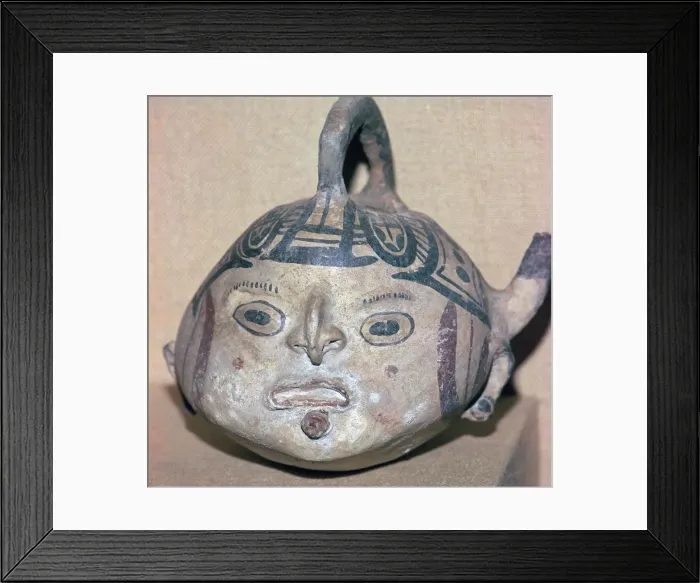 Framed Print : Huaxtec culture spouted jug painted with a human face Framed Print : Huaxtec culture spouted jug painted with a human face
