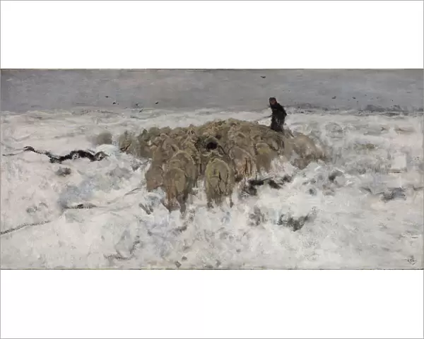 Flock of sheep with shepherd in the snow, 1887-1888. Artist: Mauve, Anton (1838-1888)