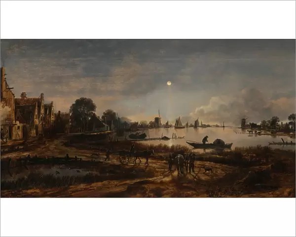 River view by moonlight, c. 1645. Artist: Neer, Aert, van der (1603-1677)