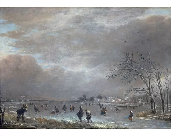 Winter Landscape with Skaters on a Frozen River. Artist: Neer, Aert, van der (1603-1677)