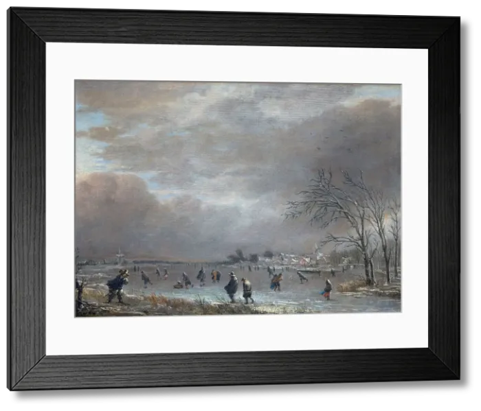 Framed Print : Winter Landscape with Skaters on a Frozen River. Artist: Neer, Aert, van der (1603-1677) Framed Print : Winter Landscape with Skaters on a Frozen River. Artist: Neer, Aert, van der (1603-1677)