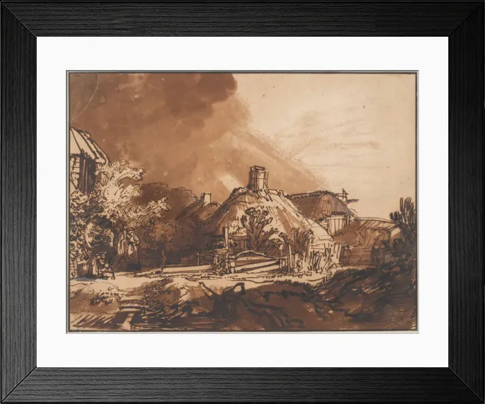 Framed Print : Cottages under a Stormy Sky, c. 1640. Artist: Rembrandt van Rhijn (1606-1669) Framed Print : Cottages under a Stormy Sky, c. 1640. Artist: Rembrandt van Rhijn (1606-1669)