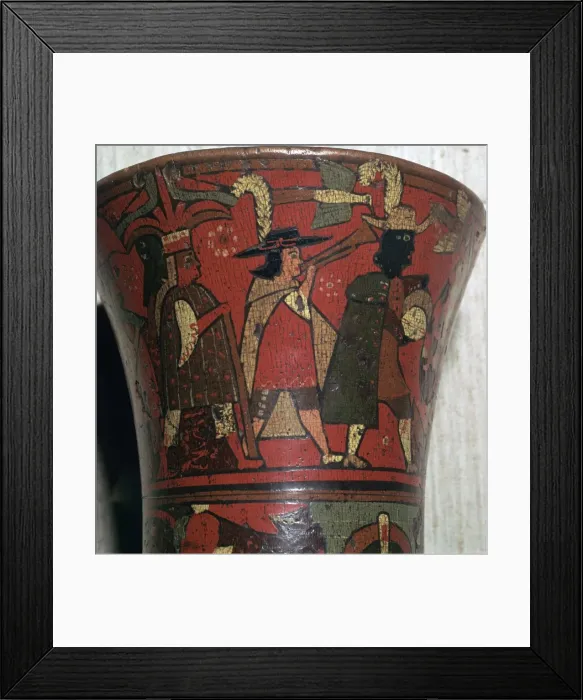 Framed Print : Incan beaker showing Spaniards and Peruvians, c. 17th century Framed Print : Incan beaker showing Spaniards and Peruvians, c. 17th century