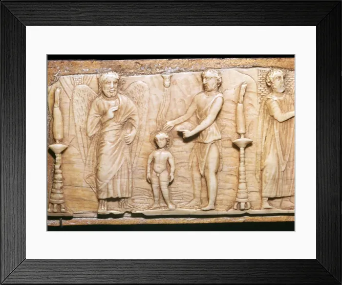 Framed Print : Byzantine ivory panel showing Christs baptism, 5th century Framed Print : Byzantine ivory panel showing Christs baptism, 5th century