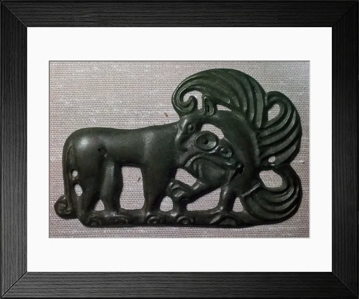 Framed Print : Chinese bronze harness plaque of a tiger and gryphon, 2nd century BC Framed Print : Chinese bronze harness plaque of a tiger and gryphon, 2nd century BC
