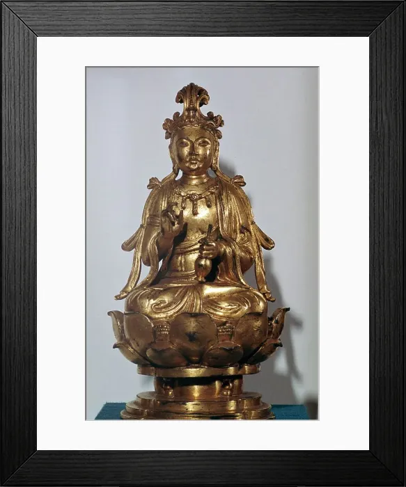 Framed Print : A gilt-bronze statuette of a Bodhisattva on a lotus leaf, 10th century Framed Print : A gilt-bronze statuette of a Bodhisattva on a lotus leaf, 10th century