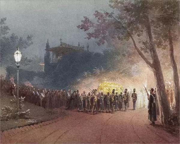 Carrying the coffin with the body of Alexander III from the Small Palace at Livadia, 1895. Artist: Zichy, Mihaly (1827-1906)