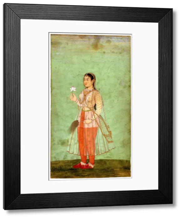 Framed Print : A Lady with Flower and Fly Whisk, c. 1630. Artist: Indian Art Framed Print : A Lady with Flower and Fly Whisk, c. 1630. Artist: Indian Art