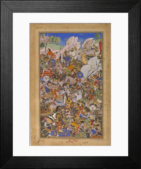 Framed Print : The Battle Preceding the Capture of the Fort at Bundi, Rajasthan, in 1577, 1592-1594. Artist: Tulsi Kalan (c. 1560-1600) Framed Print : The Battle Preceding the Capture of the Fort at Bundi, Rajasthan, in 1577, 1592-1594. Artist: Tulsi Kalan (c. 1560-1600)