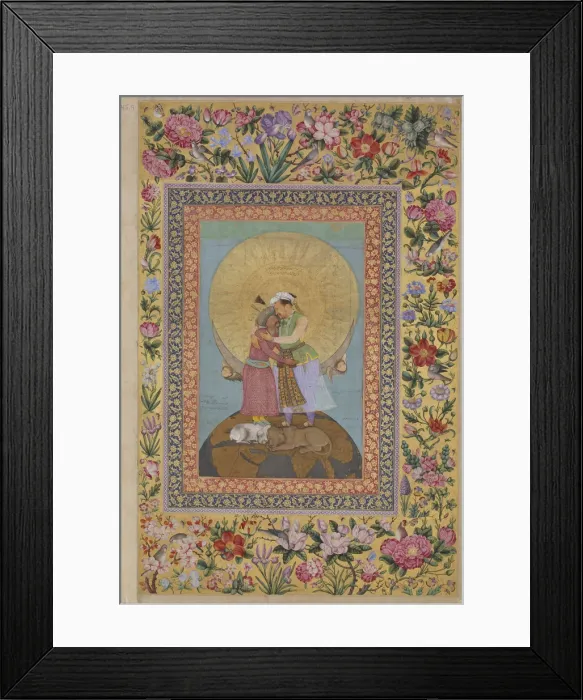 Framed Print : Jahangirs Dream. Abbas I, Shah of Persia (left) and Jahangir, Emperor of India, c. 1620. Artist: Abu al-Hasan (Nadir al-Zaman) (1589-c. 1630) Framed Print : Jahangirs Dream. Abbas I, Shah of Persia (left) and Jahangir, Emperor of India, c. 1620. Artist: Abu al-Hasan (Nadir al-Zaman) (1589-c. 1630)