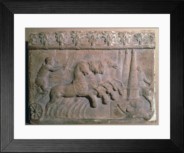 Framed Print : Roman terracotta panel showing a racing chariot Framed Print : Roman terracotta panel showing a racing chariot