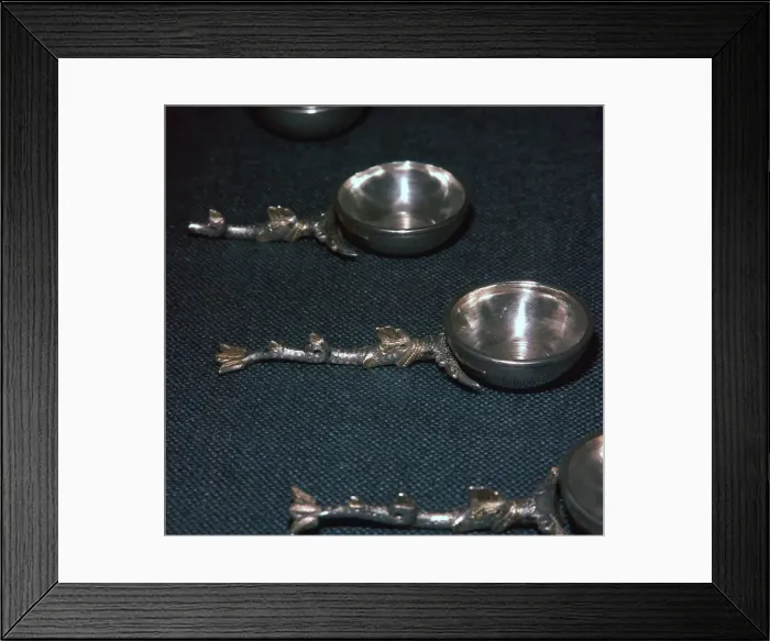 Framed Print : Roman silver and gilt ladles with handles cast in the form of dolphins, 4th century Framed Print : Roman silver and gilt ladles with handles cast in the form of dolphins, 4th century