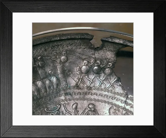 Framed Print : Detail of a Phoenician silver bowl showing soldiers attacking a city, 7th century BC Framed Print : Detail of a Phoenician silver bowl showing soldiers attacking a city, 7th century BC