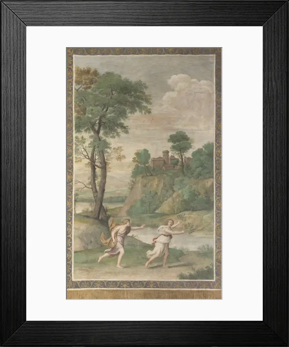 Framed Print : Apollo pursuing Daphne (Fresco from Villa Aldobrandini), 1617-1618. Artist: Domenichino (1581-1641) Framed Print : Apollo pursuing Daphne (Fresco from Villa Aldobrandini), 1617-1618. Artist: Domenichino (1581-1641)