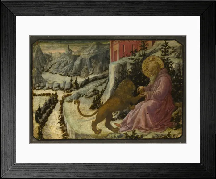 Framed Print : Saint Jerome and the Lion (Predella Panel of the Pistoia Santa Trinita Altarpiece), 1455-1460. Artist: Lippi, Fra Filippo (1406-1469) Framed Print : Saint Jerome and the Lion (Predella Panel of the Pistoia Santa Trinita Altarpiece), 1455-1460. Artist: Lippi, Fra Filippo (1406-1469)