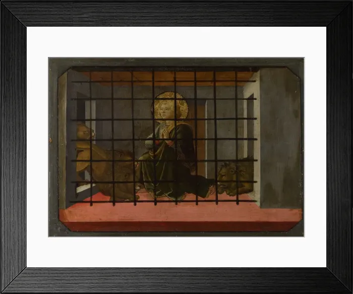 Framed Print : Saint Mamas in Prison thrown to the Lions (Predella Panel of the Pistoia Santa Trinita Altarpiece), 1455-1460. Artist: Lippi, Fra Filippo (1406-1469) Framed Print : Saint Mamas in Prison thrown to the Lions (Predella Panel of the Pistoia Santa Trinita Altarpiece), 1455-1460. Artist: Lippi, Fra Filippo (1406-1469)