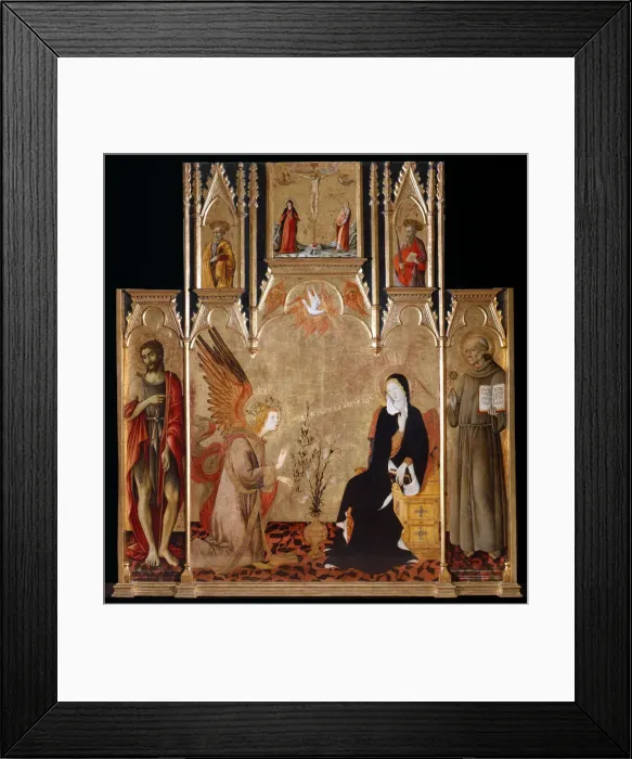 Framed Print : Annunciation with Saints John the Baptist und Bernardino da Siena. The Crucifixion. Saints Peter and Paul, Between 1455 and 1464. Artist: Matteo di Giovanni (ca. 1430-1495)