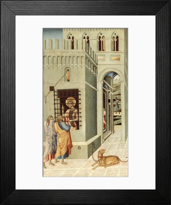 Framed Print : Saint John the Baptist in Prison Visited by Two Disciples, 1455-1460. Artist: Giovanni di Paolo (ca 1403-1482)
