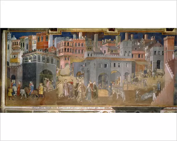Effects of Good Government in the city (Cycle of frescoes The Allegory of the Good and Bad Government), 1338-1339. Artist: Lorenzetti, Ambrogio (ca 1290-ca 1348)