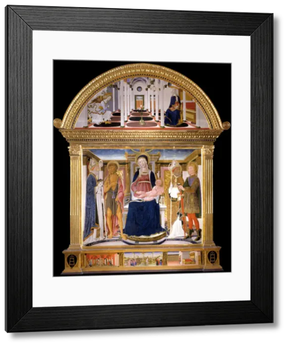 Framed Print : Madonna with Child and Saints Blaise, John the Baptist, Nicholas and Florian. The Annunciation, 1462. Artist: Lorenzo di Pietro (Vecchietta) (1410-1480) Framed Print : Madonna with Child and Saints Blaise, John the Baptist, Nicholas and Florian. The Annunciation, 1462. Artist: Lorenzo di Pietro (Vecchietta) (1410-1480)