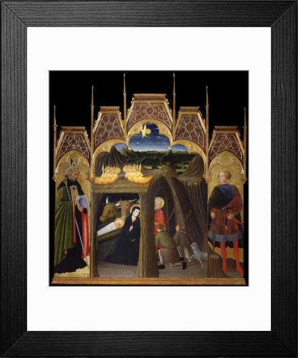 Framed Print : The Adoration of the Shepherds between Saints Augustine and Galgano, 1440-1449. Artist: Pietro di Giovanni d Ambrogio (ca 1410-1449) Framed Print : The Adoration of the Shepherds between Saints Augustine and Galgano, 1440-1449. Artist: Pietro di Giovanni d Ambrogio (ca 1410-1449)