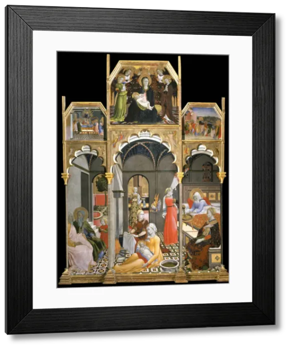 Framed Print : The Birth of the Virgin (Scenes from the Life of the Virgin), 1437-1439. Artist: Sano di Pietro (1406-1481) Framed Print : The Birth of the Virgin (Scenes from the Life of the Virgin), 1437-1439. Artist: Sano di Pietro (1406-1481)
