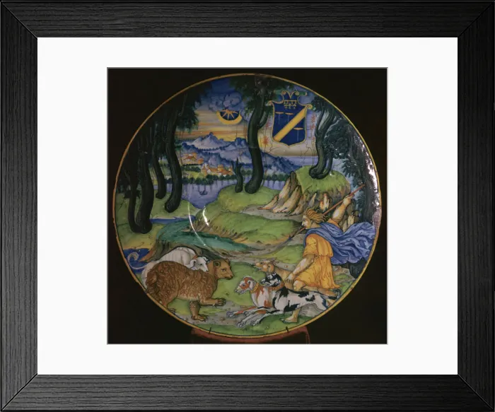 Framed Print : Italian earthenware dish, possibly showing the nymph Callisto, 16th century. Artist: Nicola da Urbino Framed Print : Italian earthenware dish, possibly showing the nymph Callisto, 16th century. Artist: Nicola da Urbino