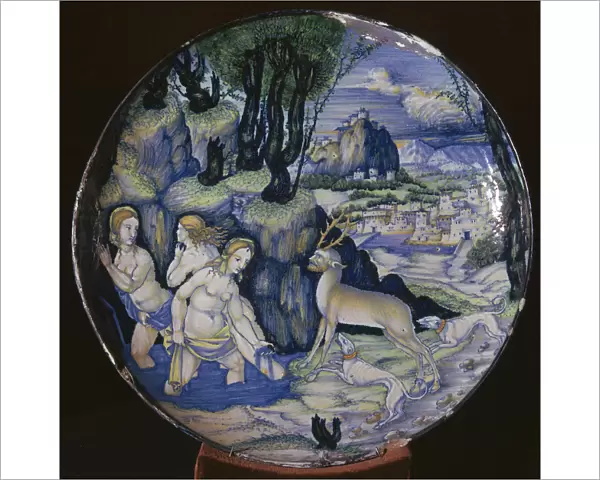 Italian earthenware plate showing Artemis turning Actaeon into a stag